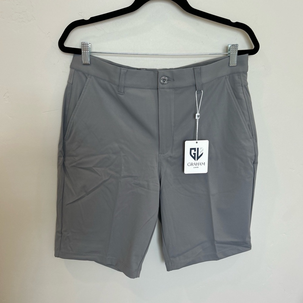 Men’s Graham Luxe Gray Flatfront Golf Shorts, 34
